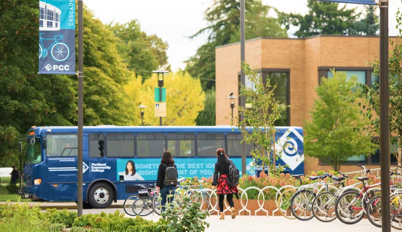 PCC bus and bikes lining sidewalk